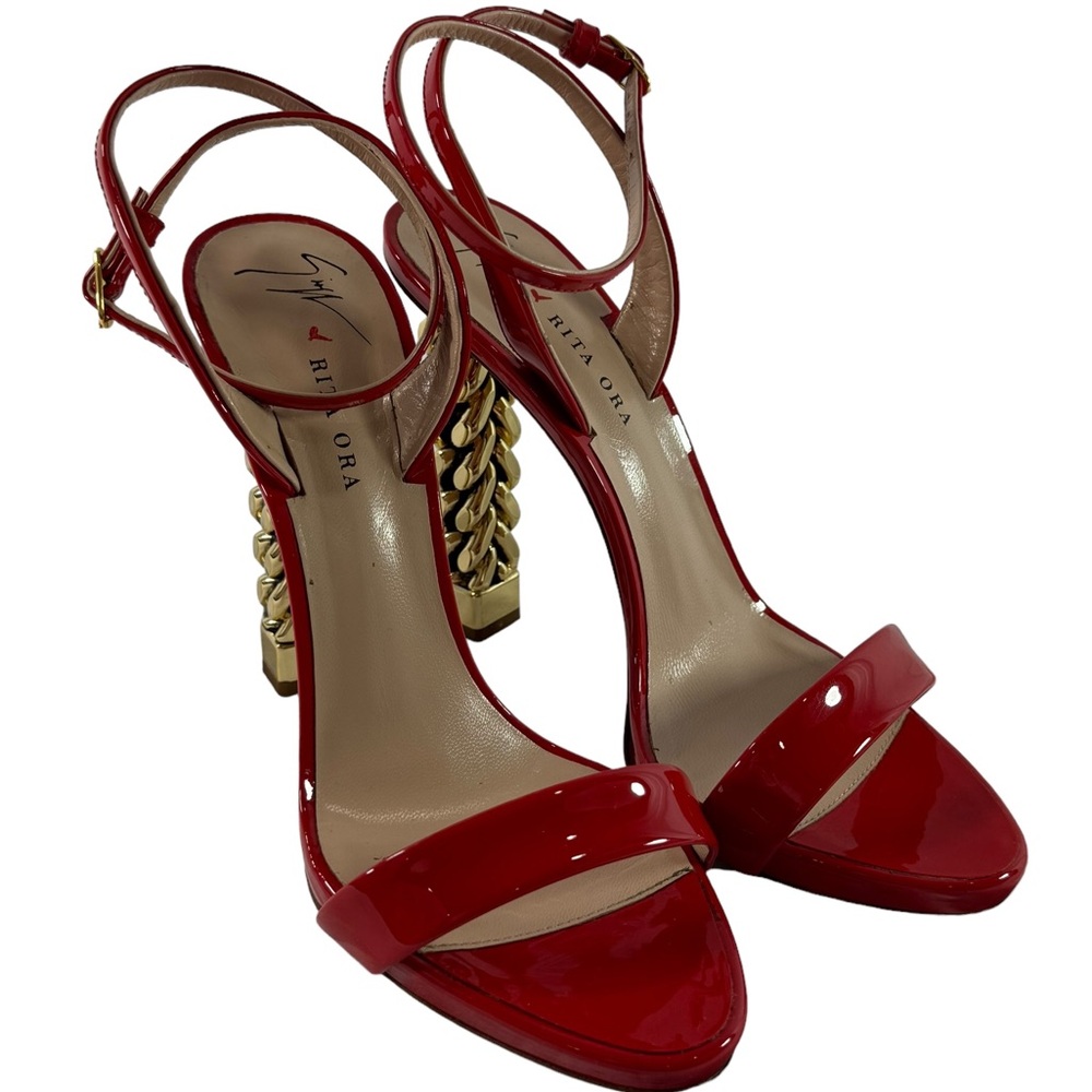 Giuseppe Zanotti Red Sandals with Gold Chain Heel - Picture 4 of 12